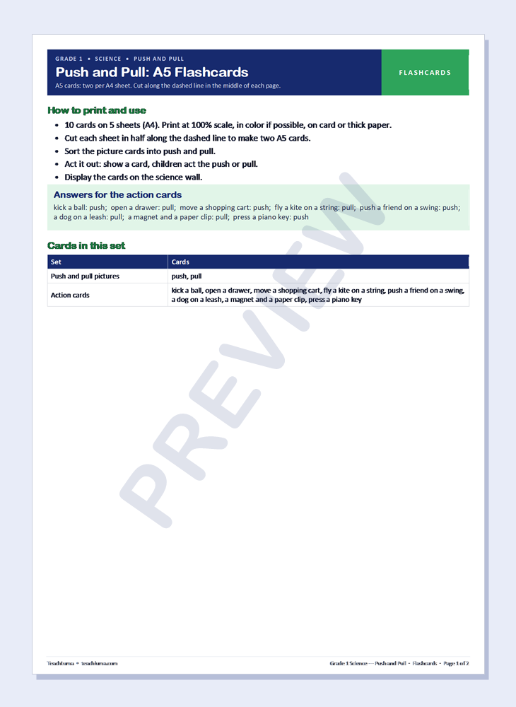 Preview of Grade 1 Science Flashcards: Push and Pull