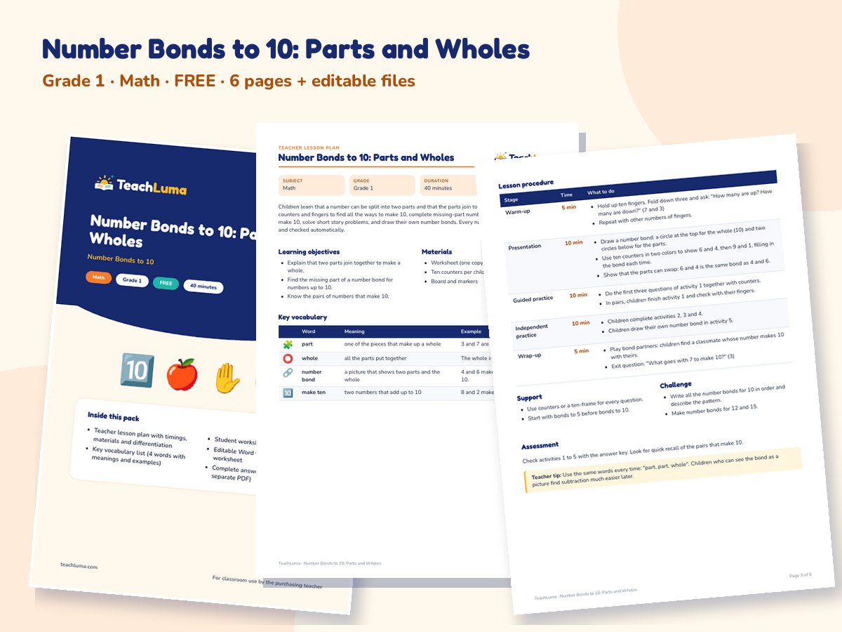 Preview of Number Bonds to 10: Parts and Wholes