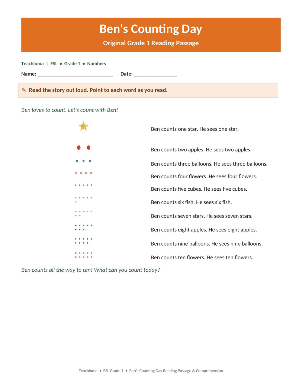 Ben's Counting Day — Reading Passage & Comprehension