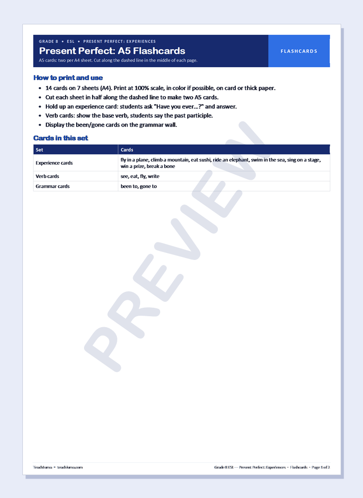 Preview of Grade 8 ESL Flashcards: Present Perfect — Experiences