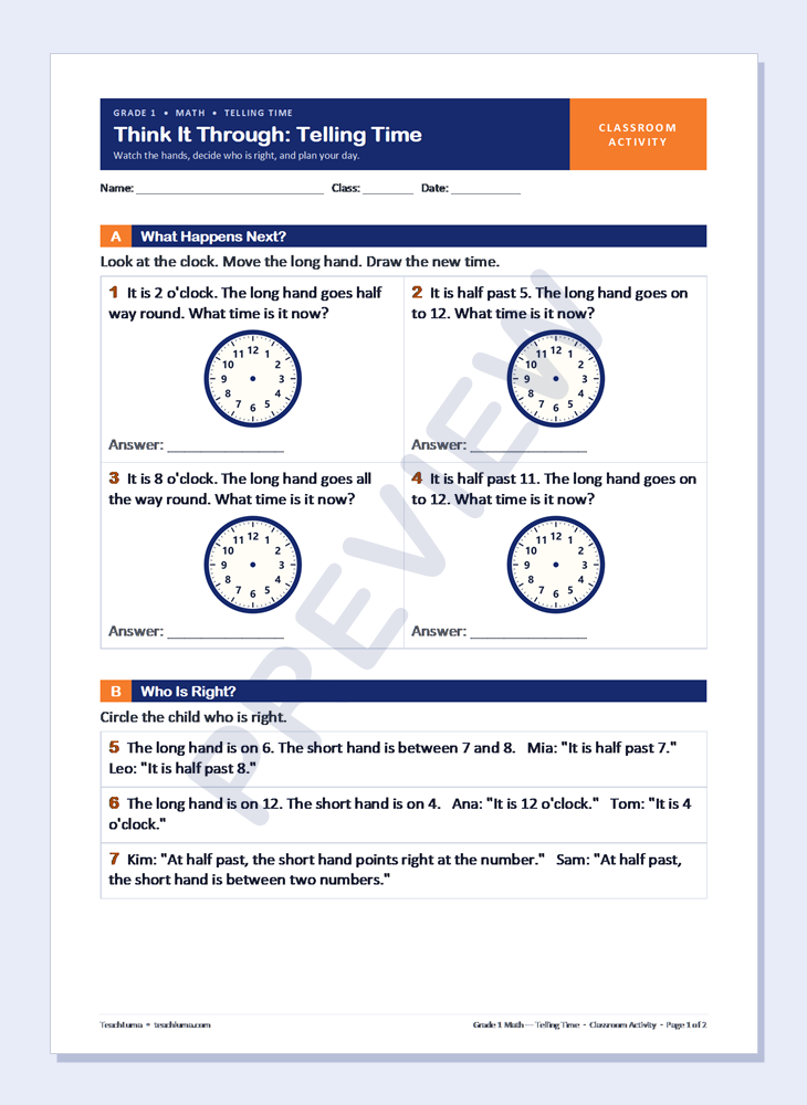 Preview of Grade 1 Math Classroom Activity: Think It Through: Telling Time