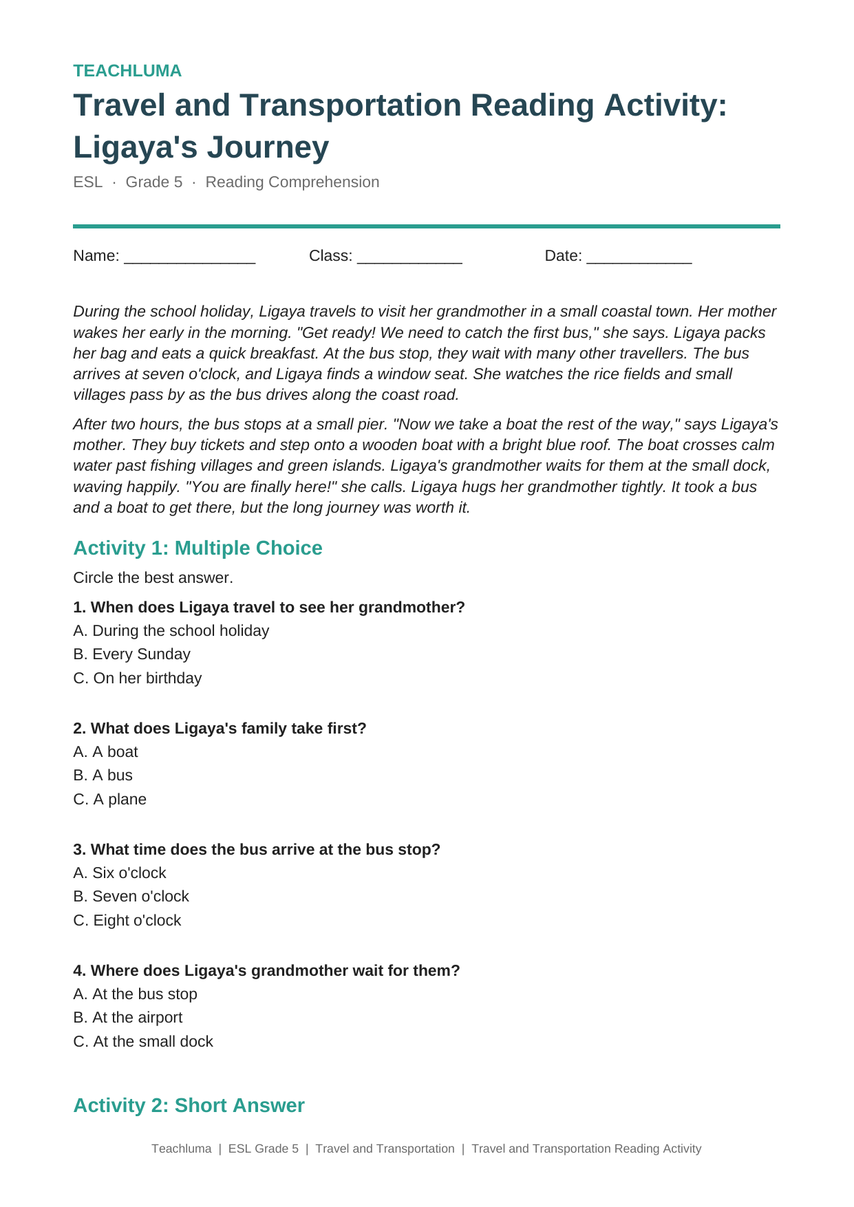 Grade 5 Travel and Transportation Reading Activity: Ligaya's Journey