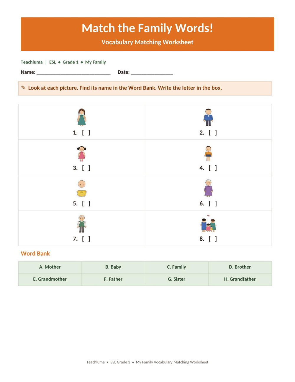 Match the Family Words! — Vocabulary Matching Worksheet