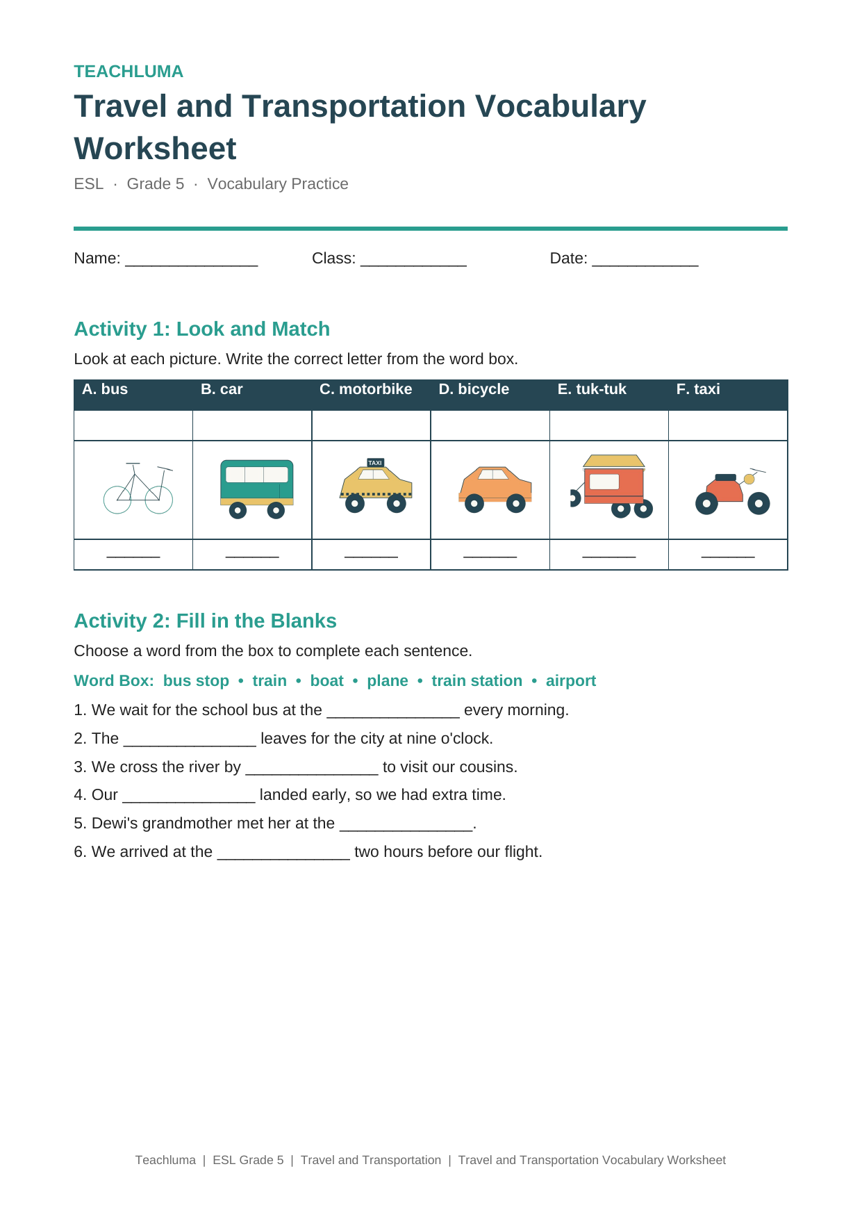 Grade 5 Travel and Transportation Vocabulary Worksheet