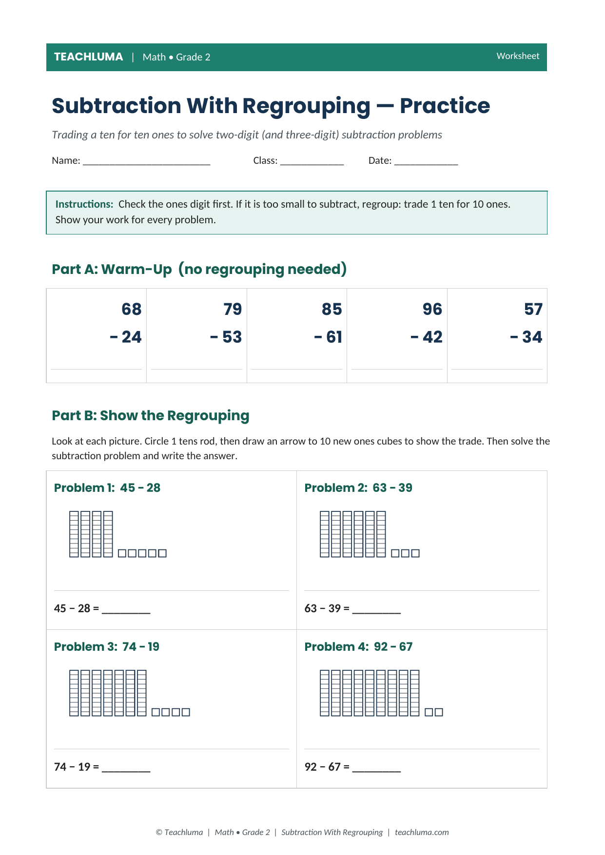 Grade 2 Subtraction With Regrouping Practice Worksheet