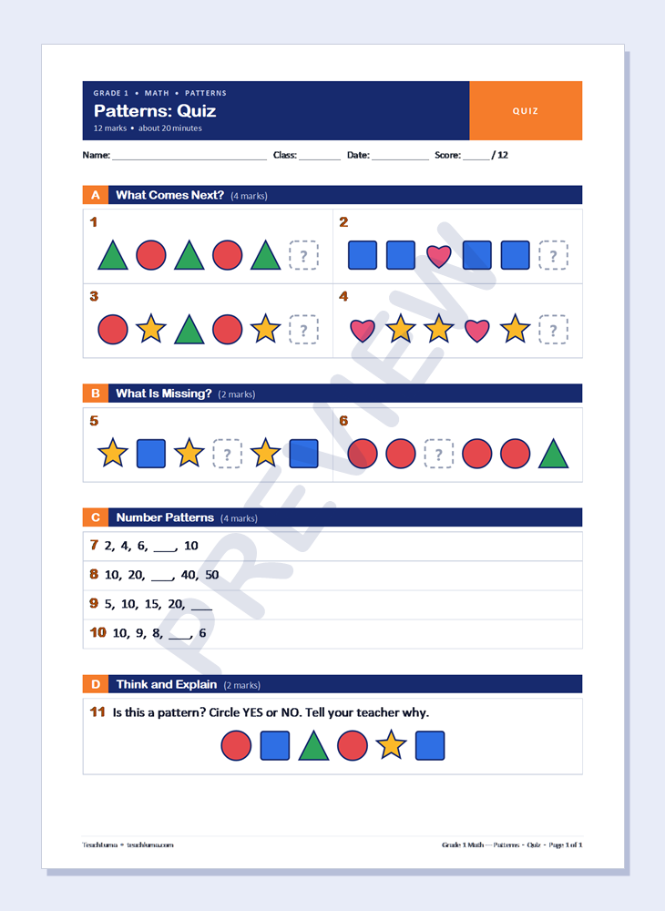 Preview of Grade 1 Math Quiz: Patterns — Repeating Patterns and Number Patterns (12 Marks)