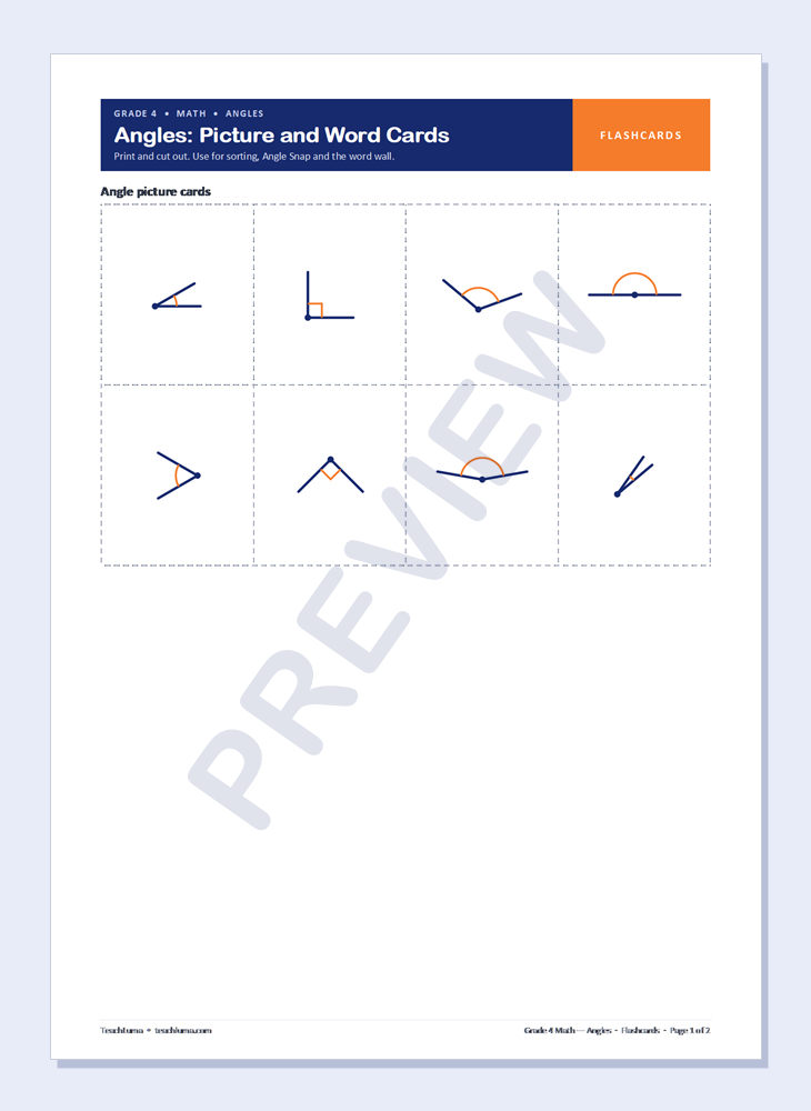 Preview of Grade 4 Math Flashcards: Angles — Acute, Right, Obtuse and Measuring