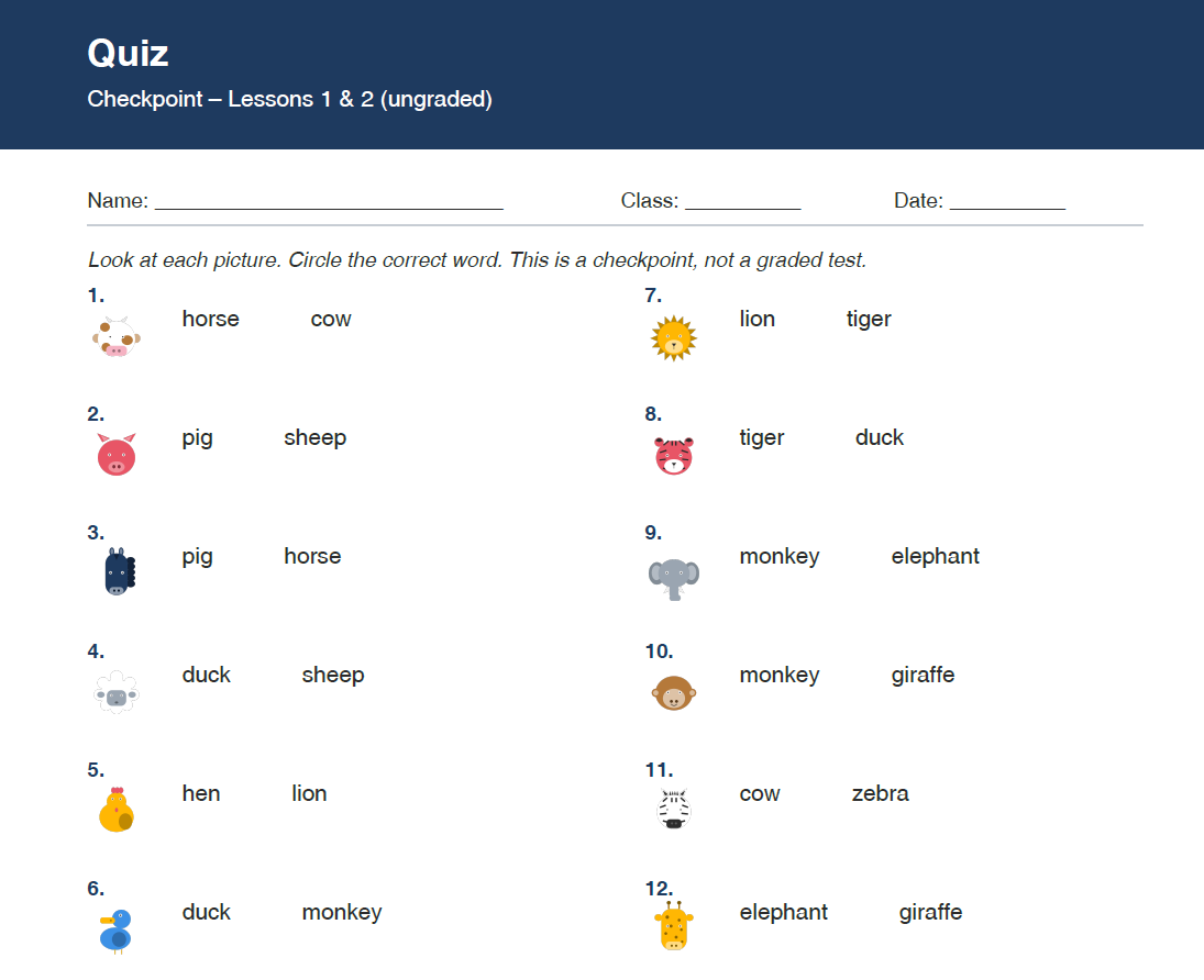 Grade 1 Animal Identification Quiz – Fun Printable Worksheet for Kids