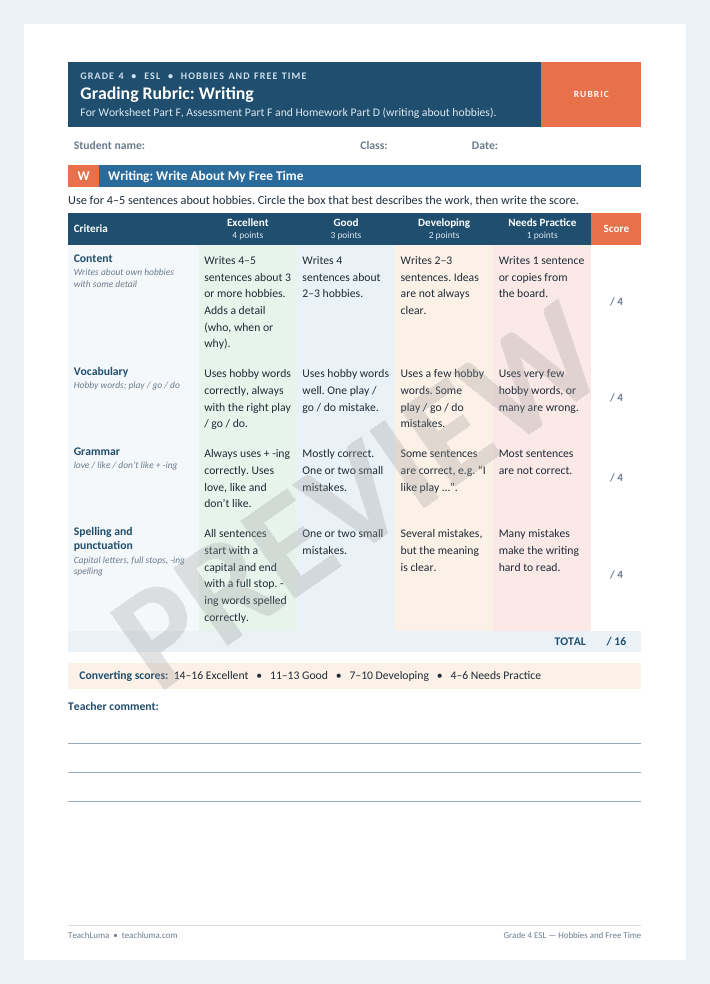 Preview of Grade 4 ESL Grading Rubric: Hobbies and Free Time — Writing and Speaking