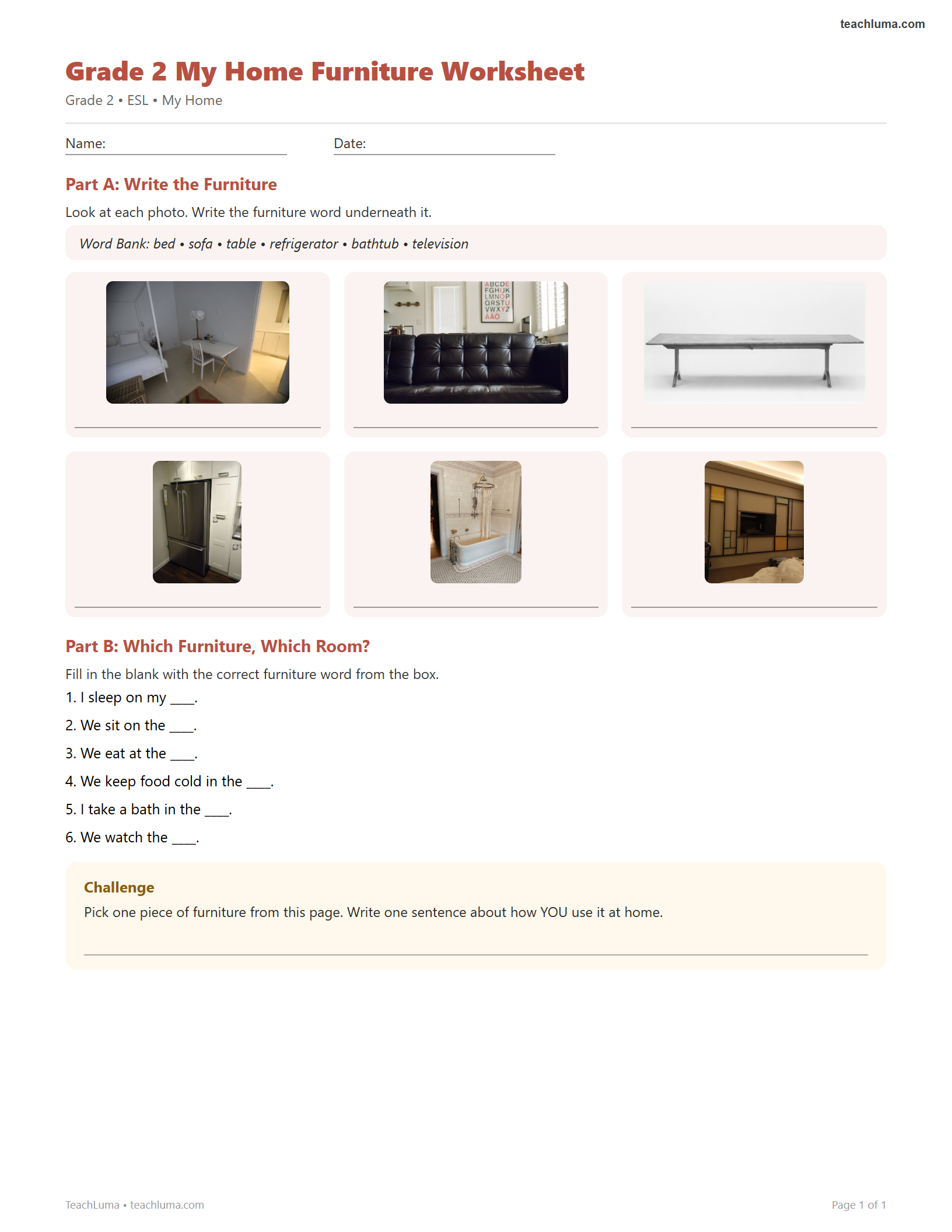 Preview of Grade 2 My Home Furniture Worksheet