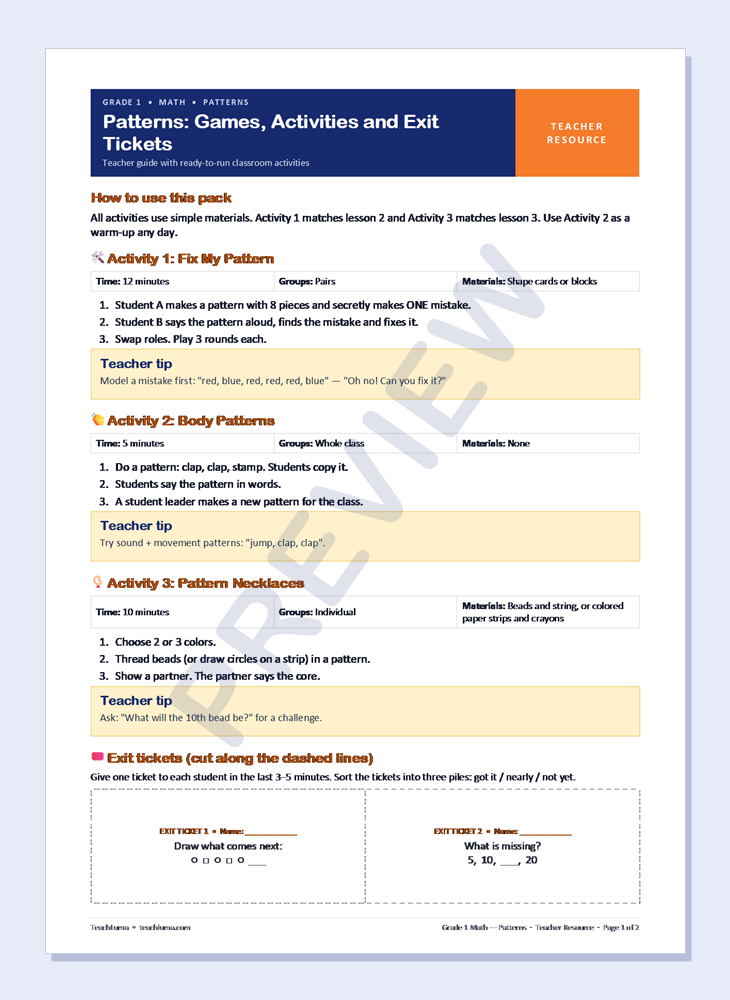Preview of Grade 1 Math Teacher Resources: Patterns — Games, Activities and Exit Tickets