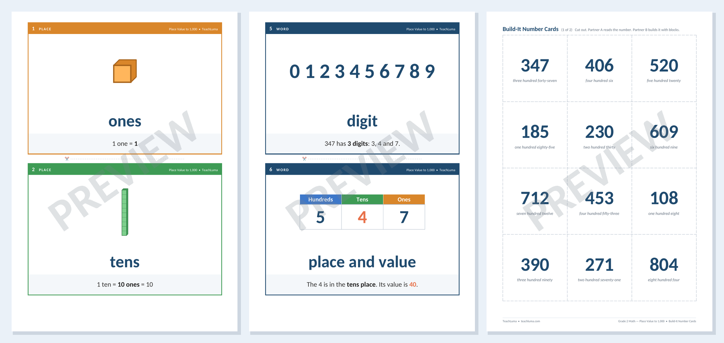 Preview of Grade 2 Math Flashcards: Place Value Vocabulary + Build-It Number Cards