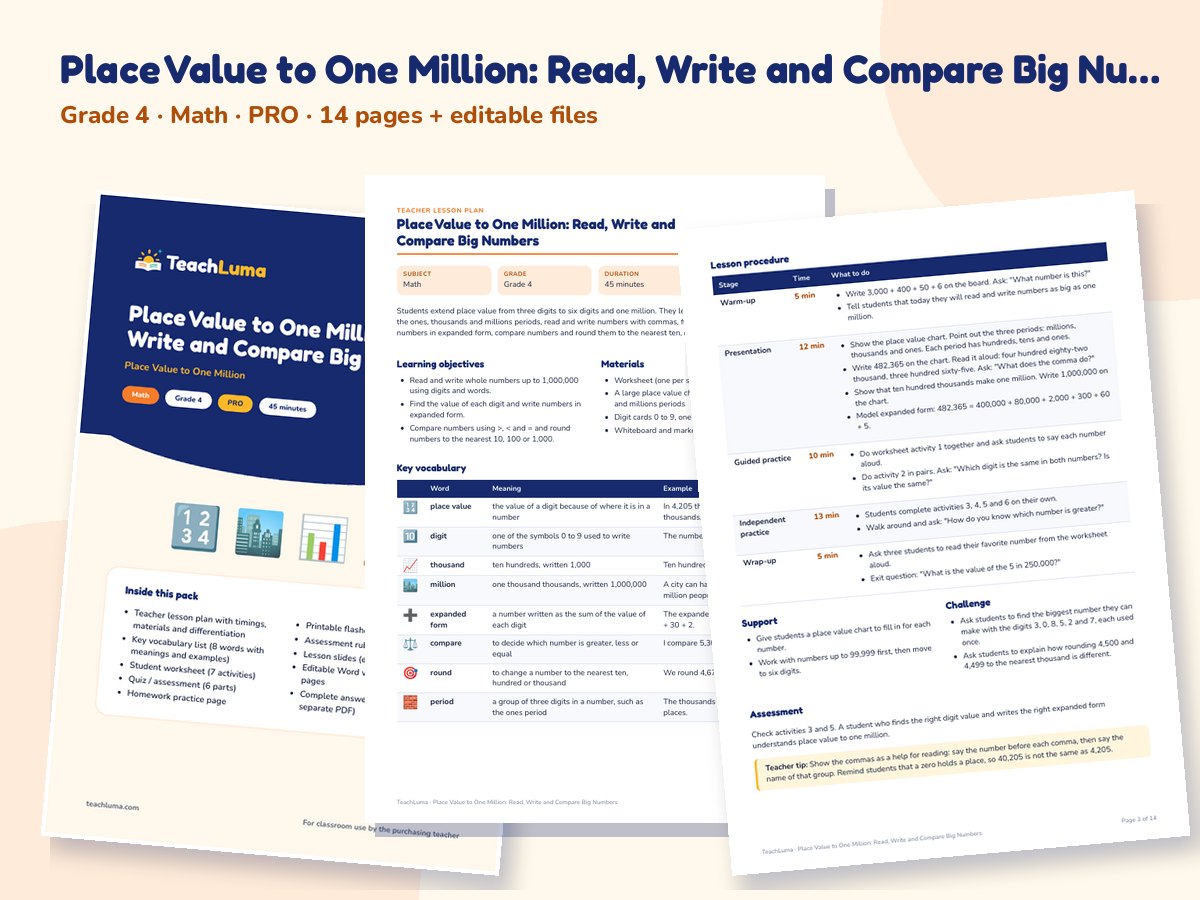 Preview of Place Value to One Million: Read, Write and Compare Big Numbers