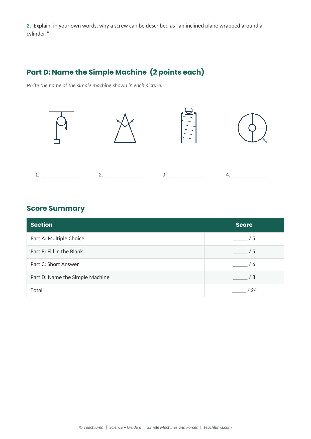 Grade 6 Simple Machines and Forces Quiz