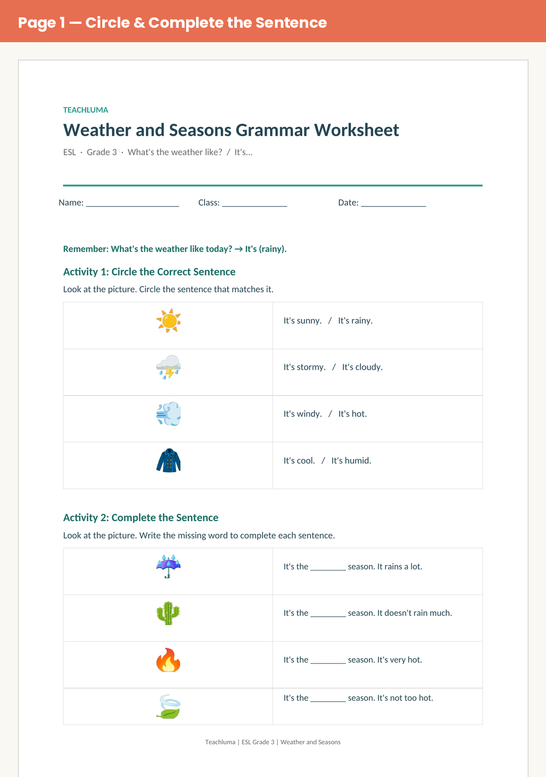 Grade 3 Weather and Seasons Grammar Worksheet: What's the Weather Like?