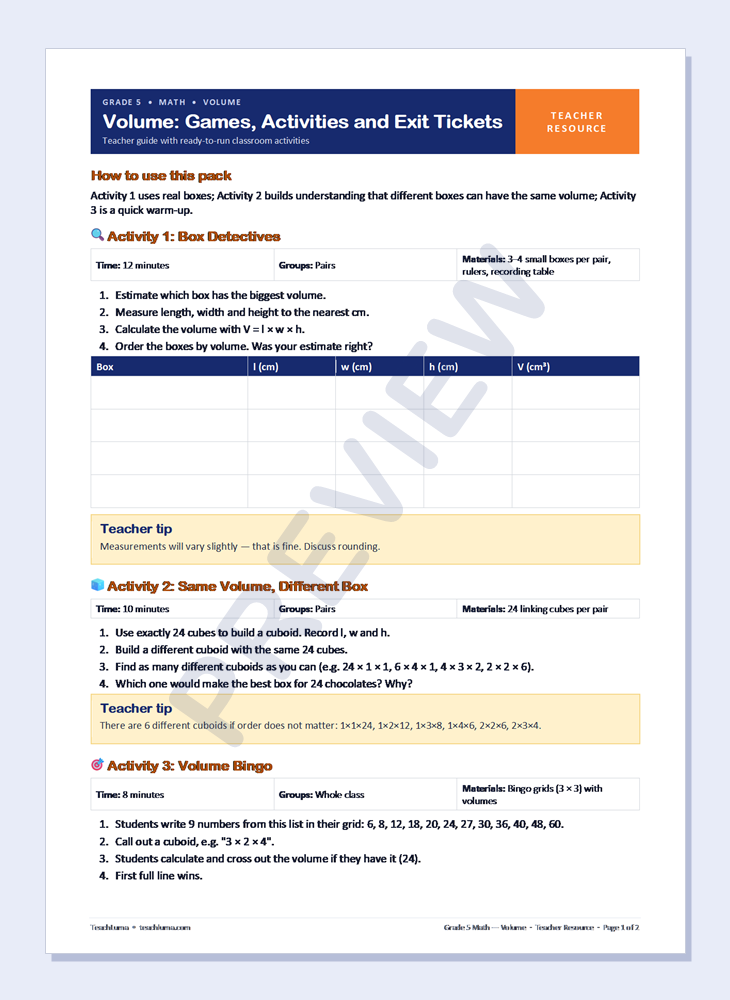 Preview of Grade 5 Math Teacher Resources: Volume — Games, Activities and Exit Tickets