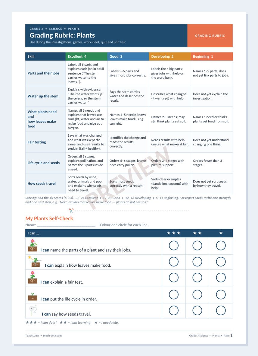 Preview of Grade 3 Science Grading Rubric: Plants