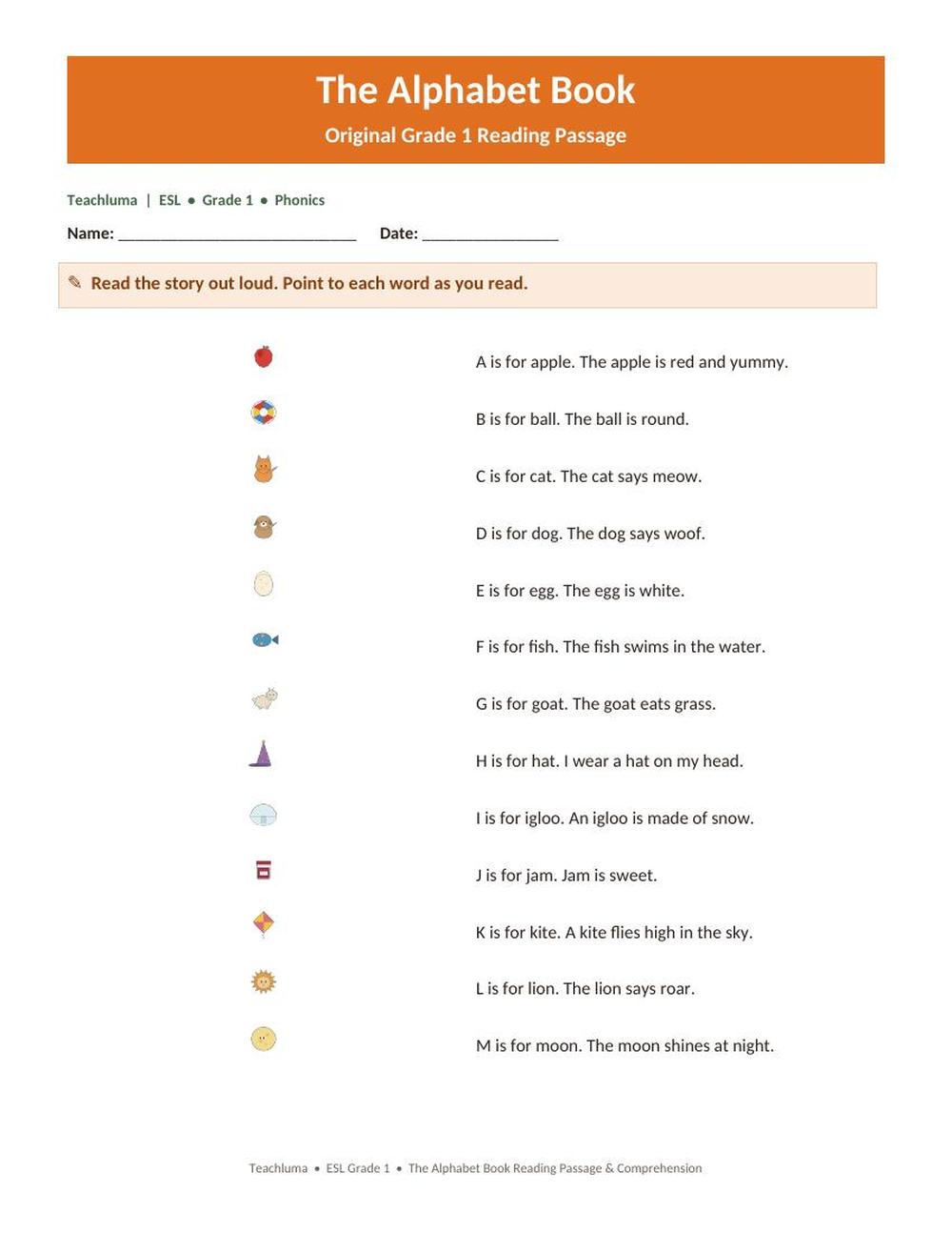 The Alphabet Book — Reading Passage & Comprehension