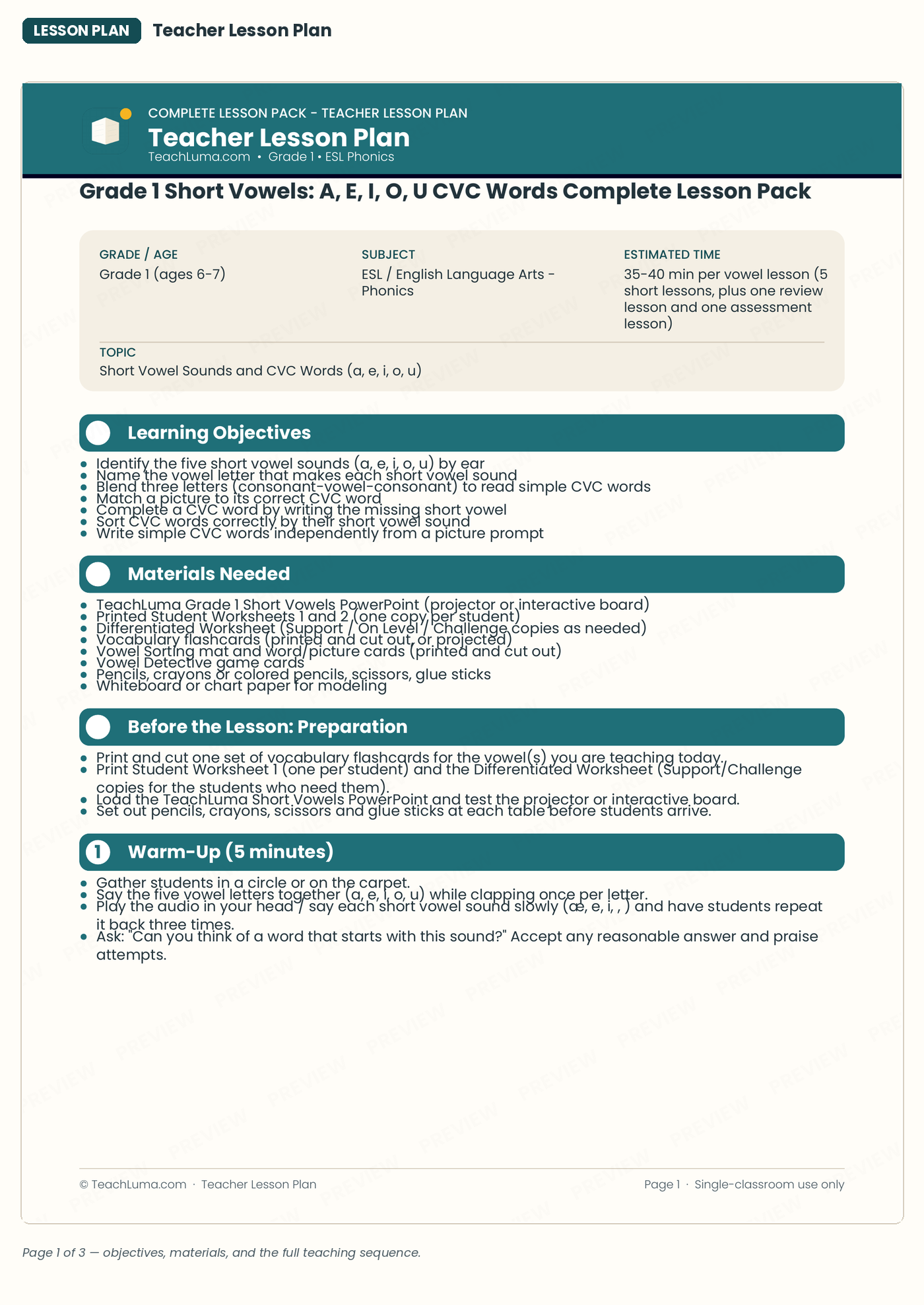 Grade 1 Phonics Lesson Plan