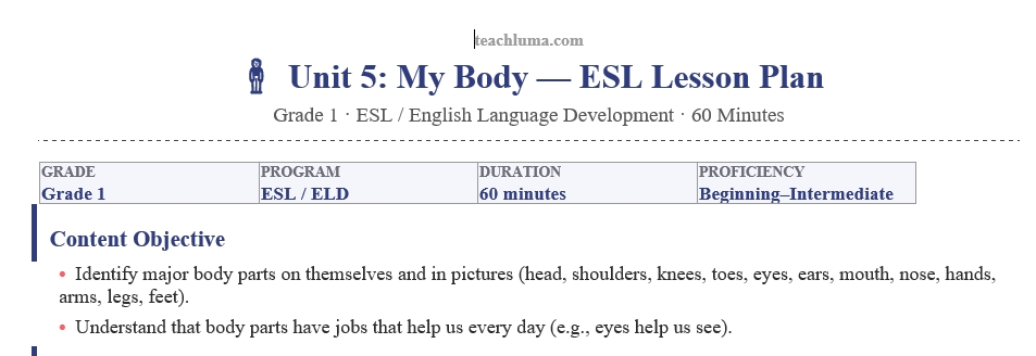 My Body — ESL Lesson Plan