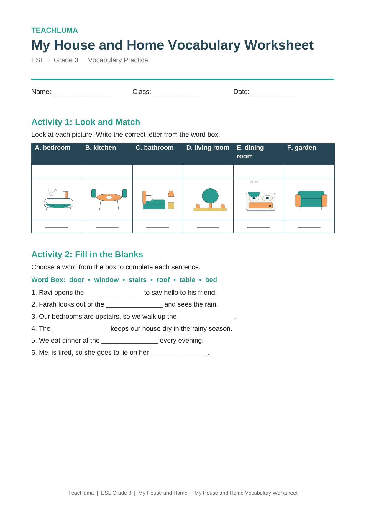 Grade 3 My House and Home Vocabulary Worksheet