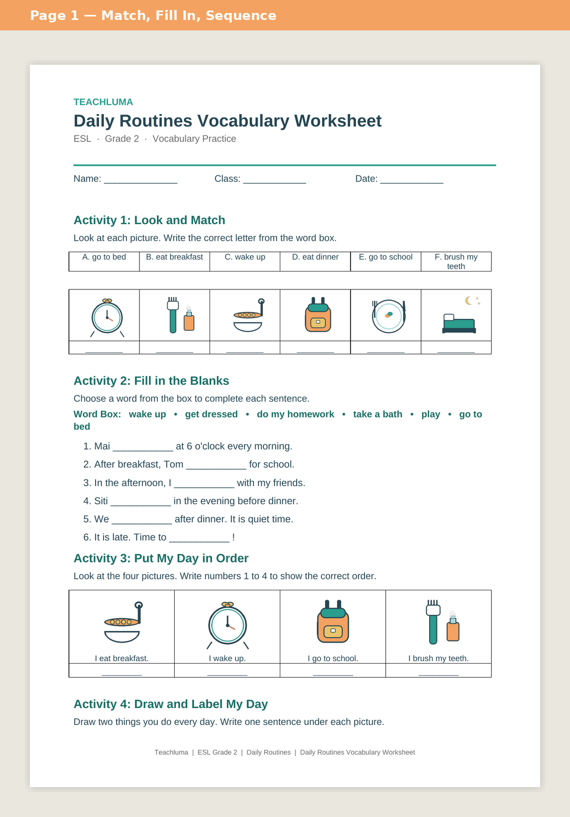 Grade 2 Daily Routines Vocabulary Worksheet
