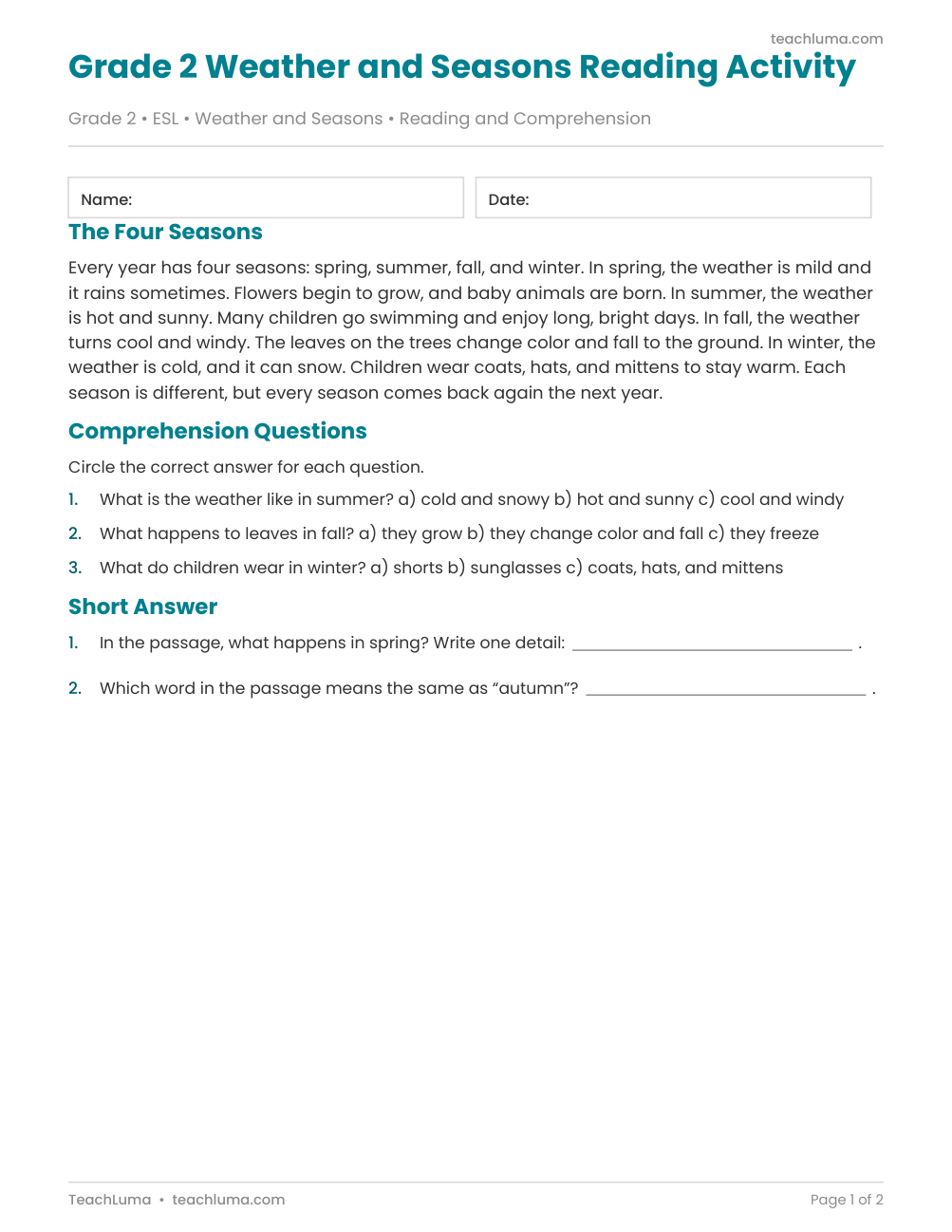 Preview of Grade 2 Weather and Seasons Reading Activity: “The Four Seasons” Passage