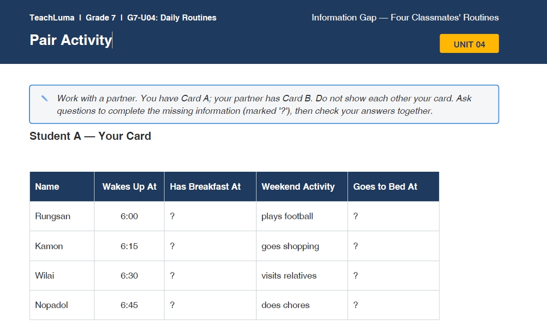 Daily Routines – Grade 7 ESL Pair Activity