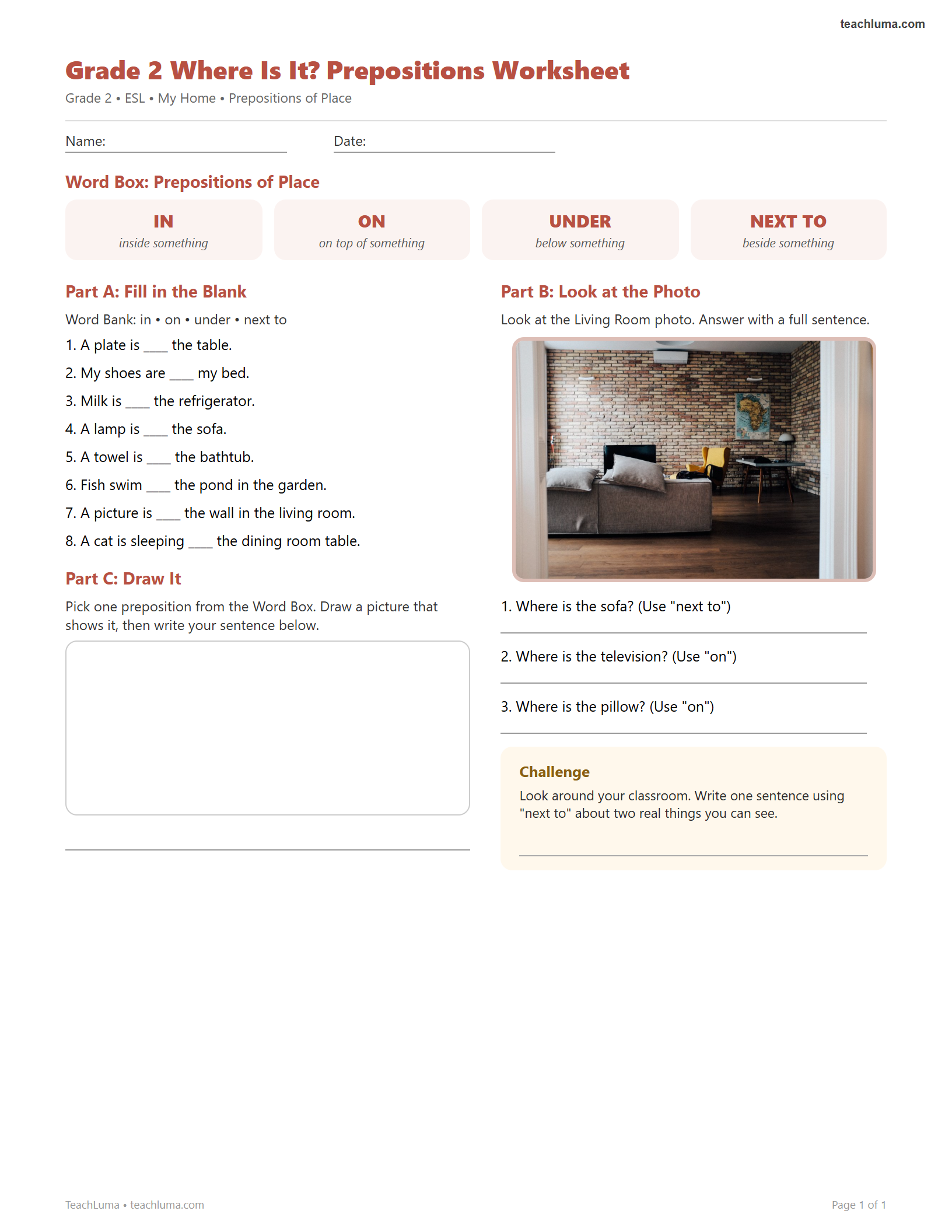 Preview of Grade 2 Where Is It? Prepositions Worksheet