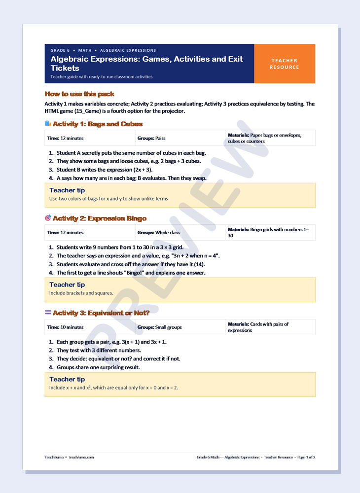 Preview of Grade 6 Math Teacher Resources: Algebraic Expressions — Games, Activities and Exit Tickets