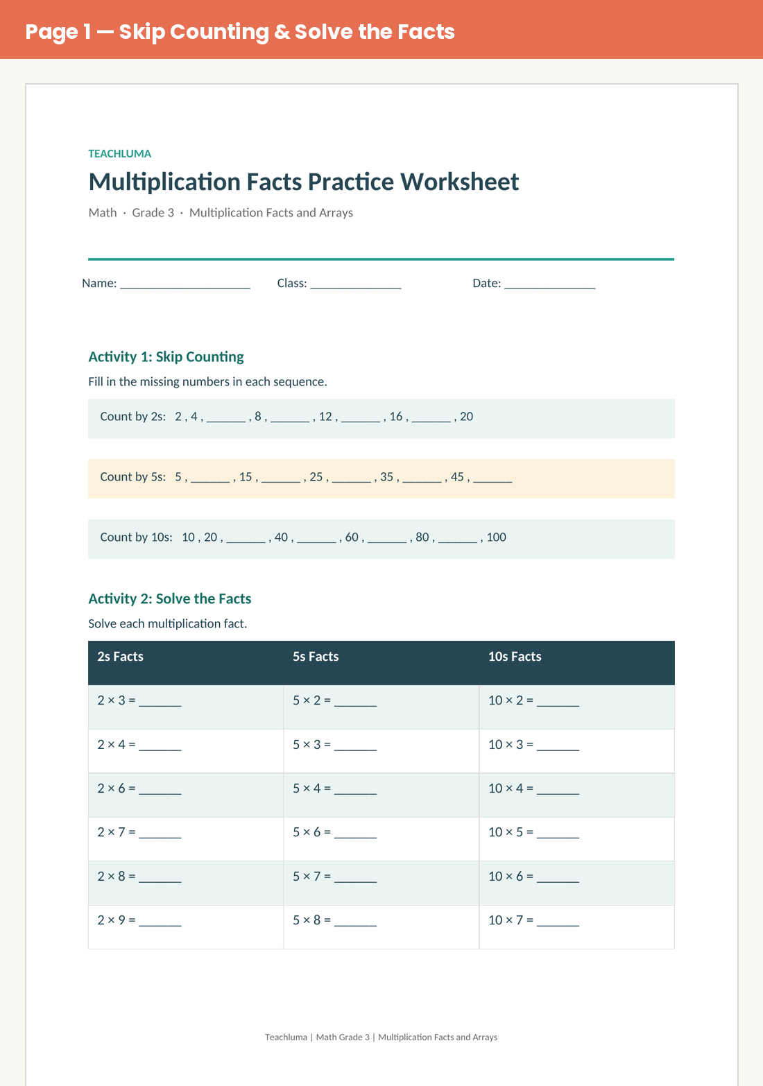 Grade 3 Multiplication Facts Practice Worksheet