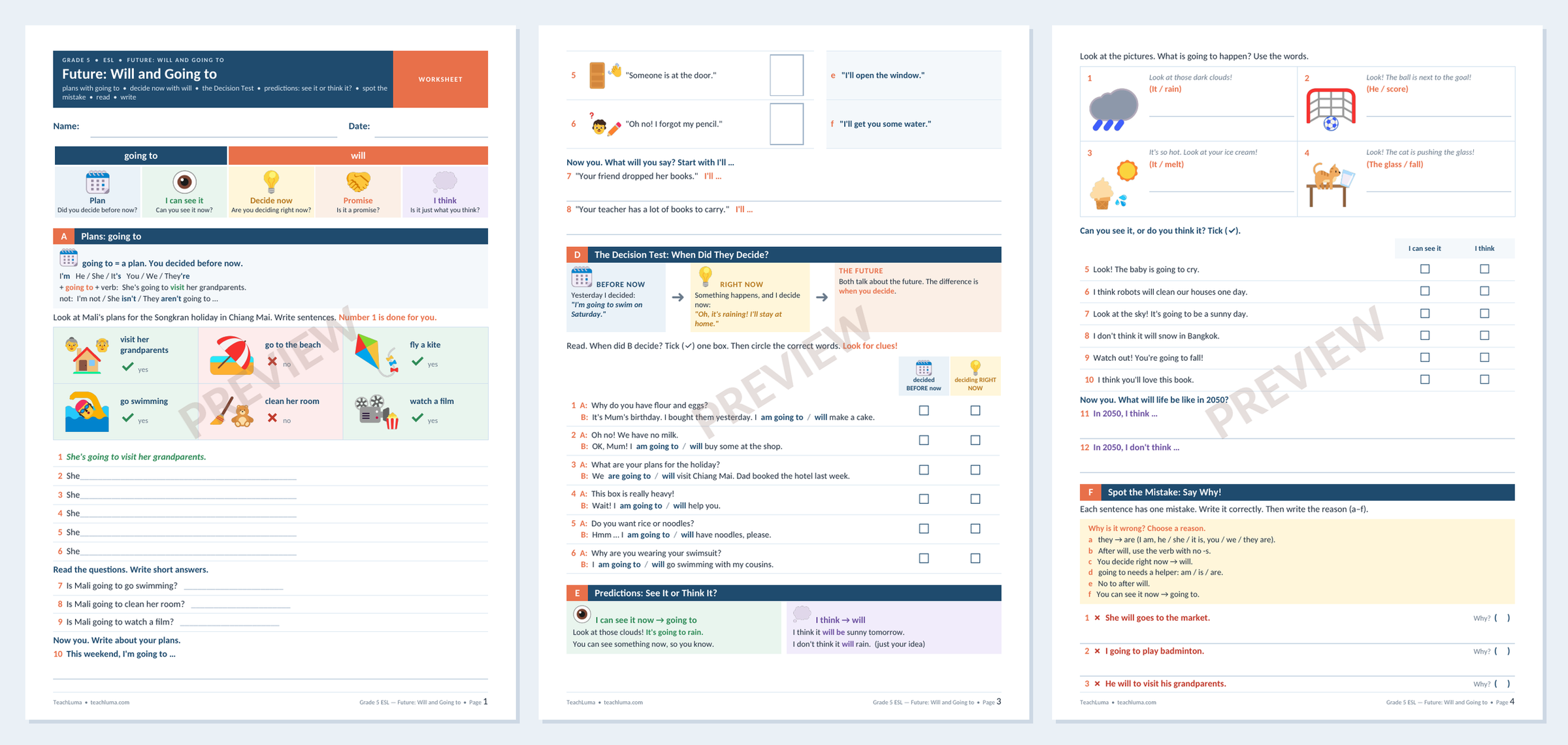 Preview of Grade 5 ESL — Future: Will and Going to — Worksheet
