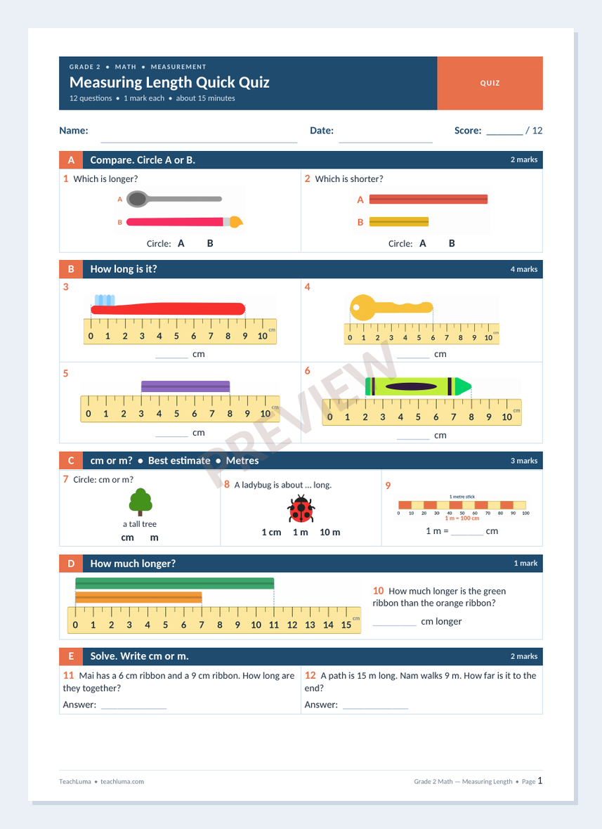 Preview of Grade 2 Math Quick Quiz: Measuring Length (12 Marks)