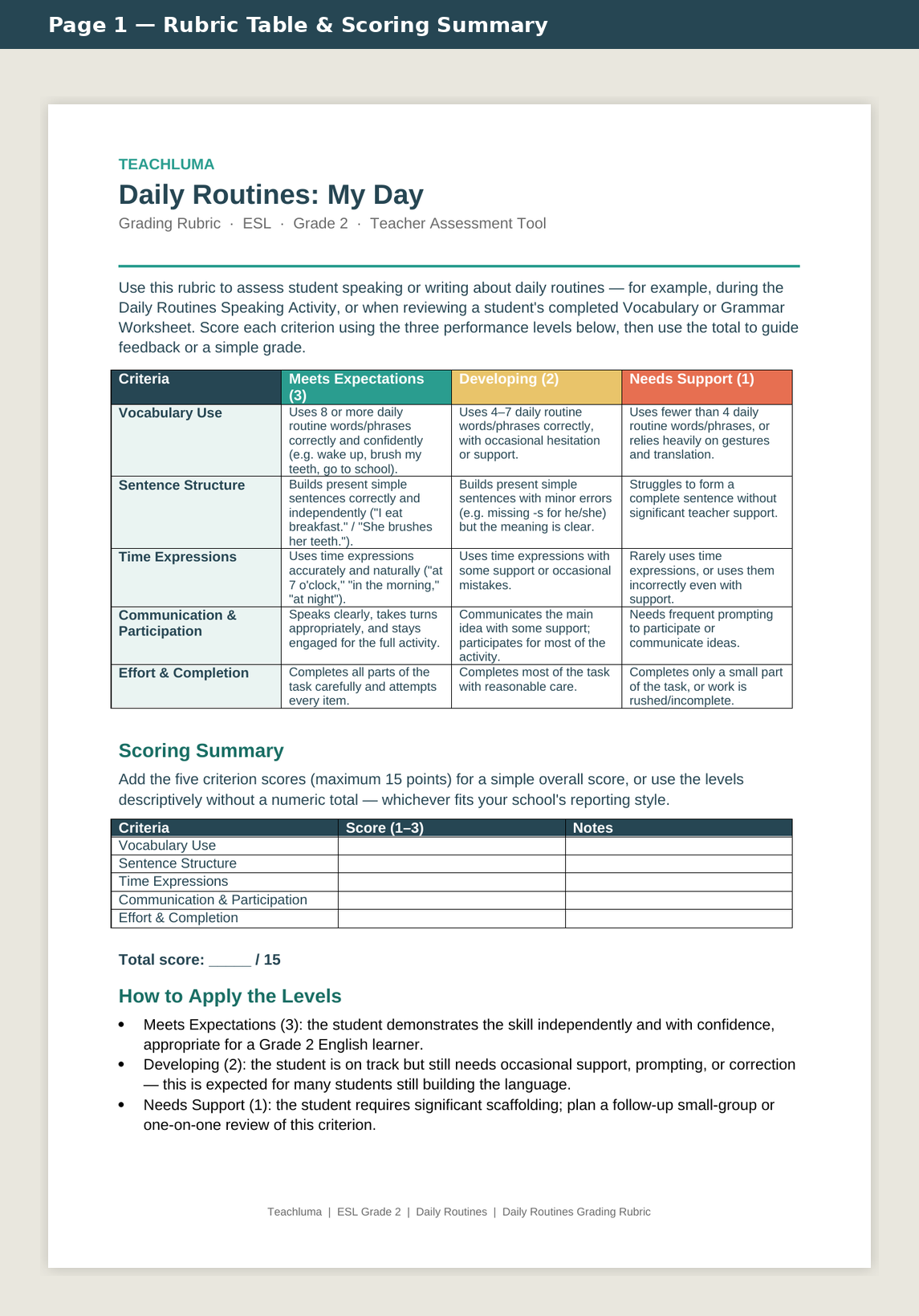 Grade 2 Daily Routines Grading Rubric