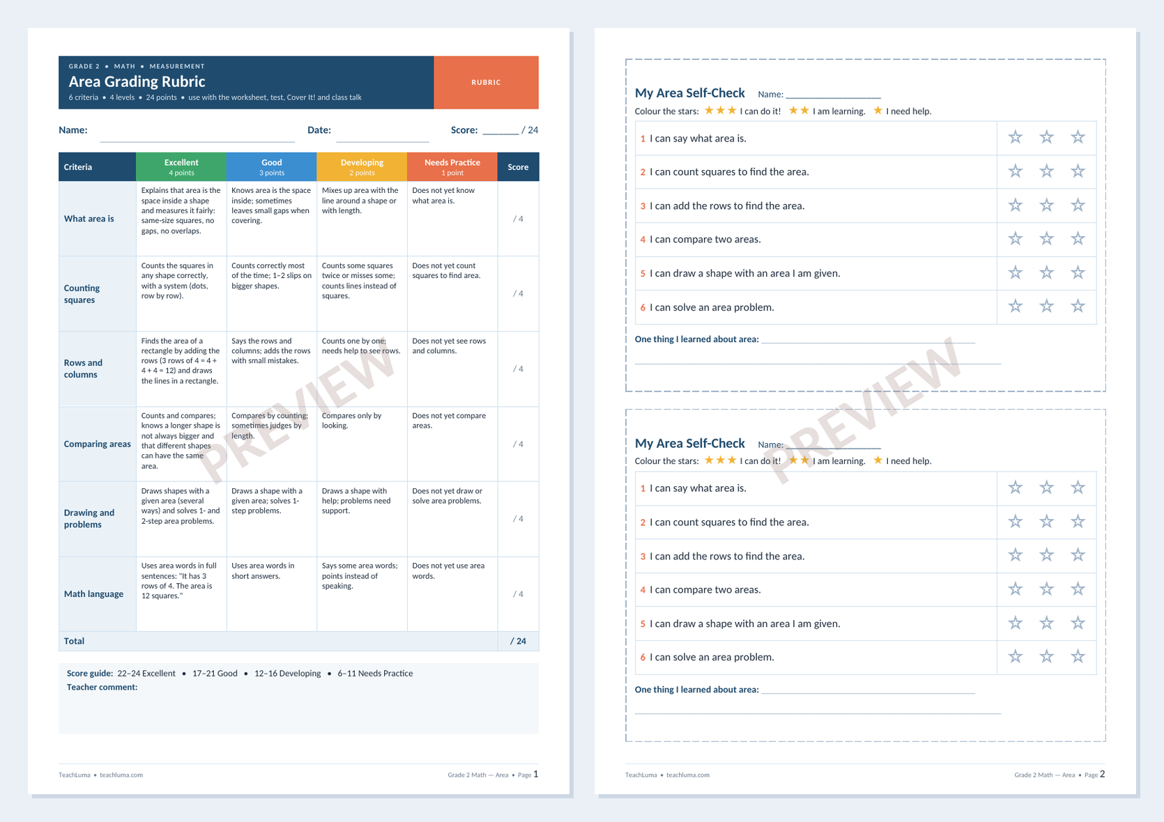 Preview of Grade 2 Math Grading Rubric: Area + Student Self-Check