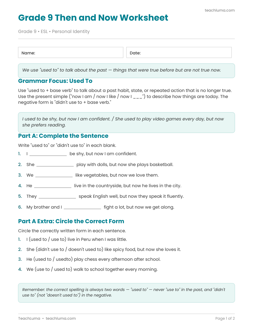 Preview of Grade 9 Then and Now Worksheet: Used To Grammar Practice