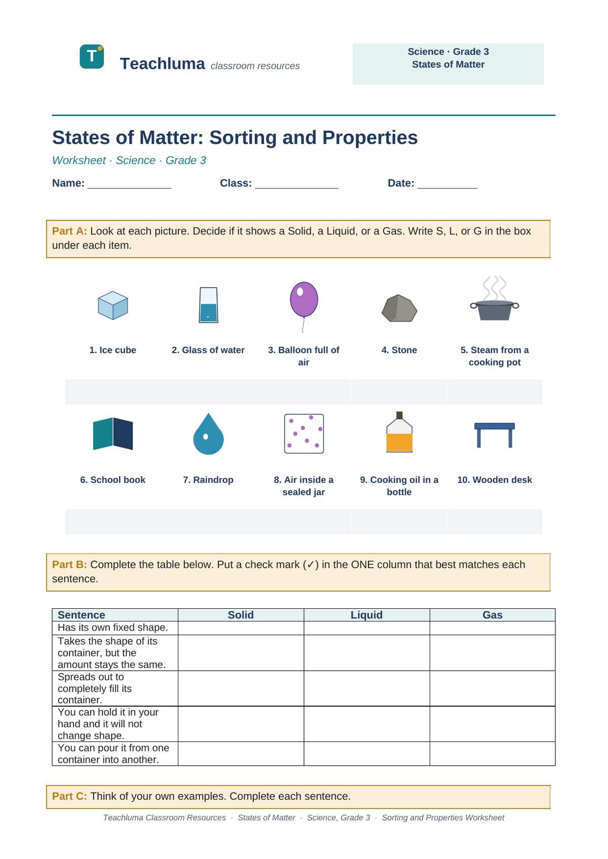 Grade 3 States of Matter Sorting and Properties Worksheet