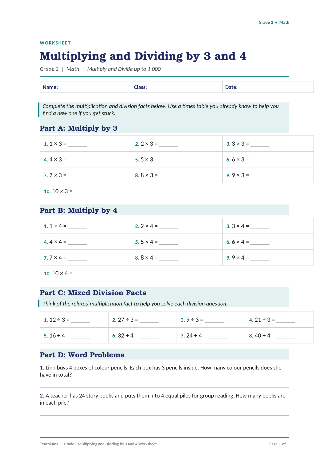 Grade 2 Multiplying and Dividing by 3 and 4 Worksheet