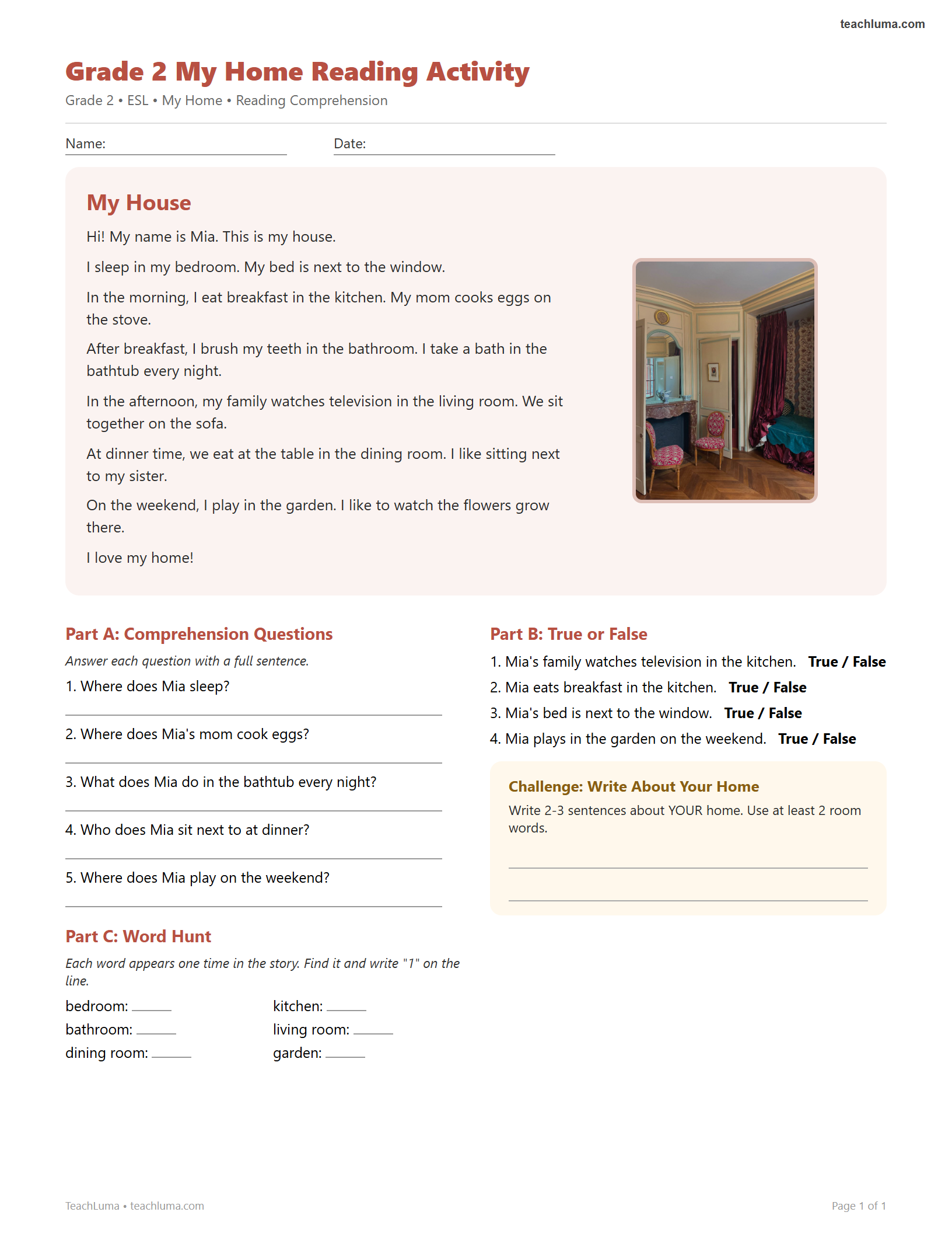 Preview of Grade 2 My Home Reading Activity
