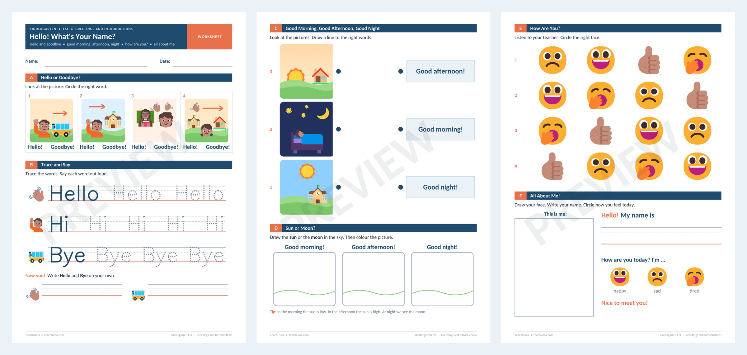 Preview of Kindergarten ESL Worksheet: Greetings and Introductions — Circle, Trace, Match and Draw