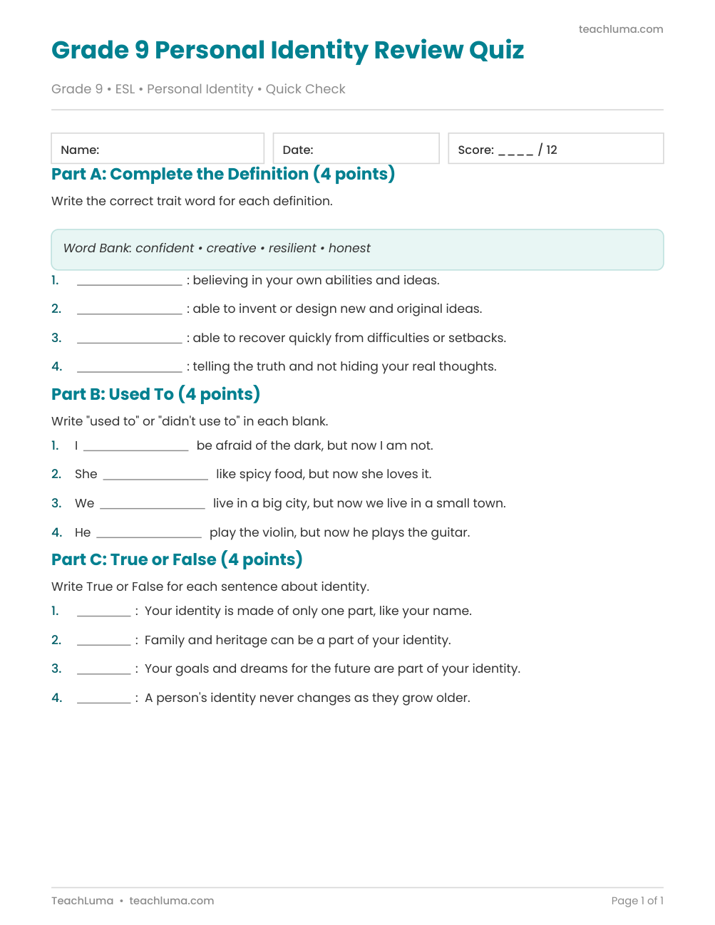 Preview of Grade 9 Personal Identity Review Quiz (12 Points, with Answer Key)