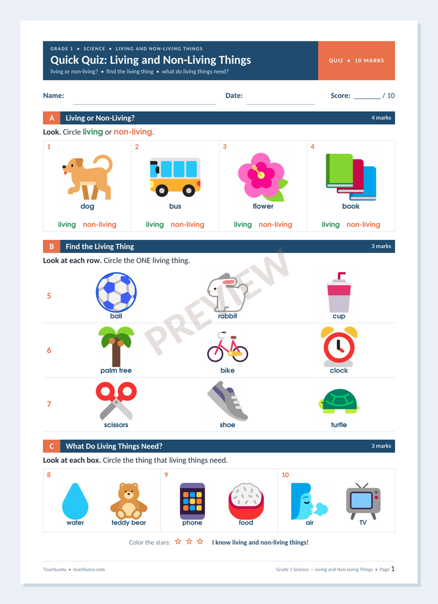 Preview of Grade 1 Science Quiz: Living and Non-Living Things (10 Marks)