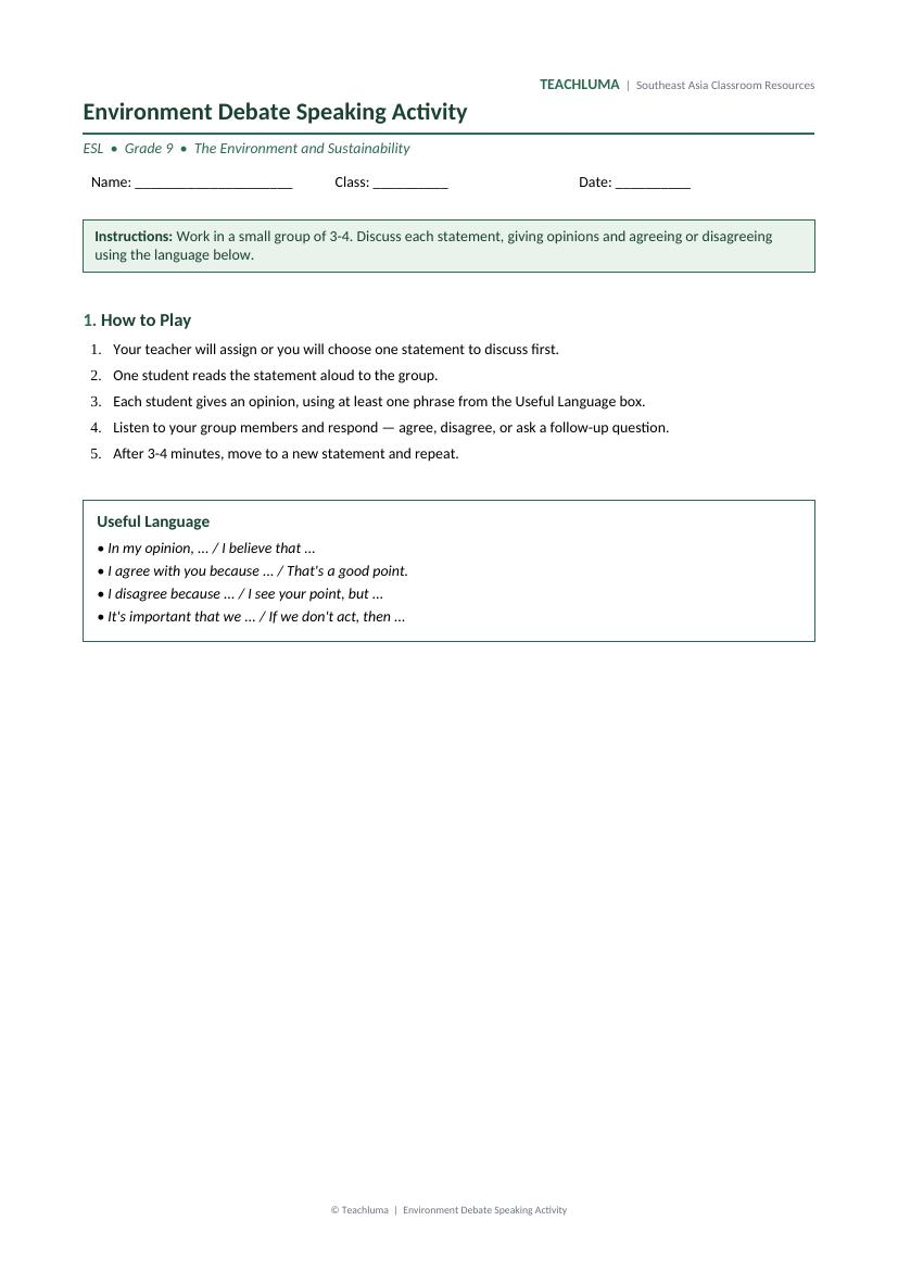 Grade 9 Environment Debate Speaking Activity