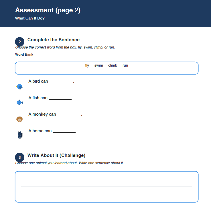 Grade 1 Animals Assessment Worksheet – Identify Animal Names & Abilities