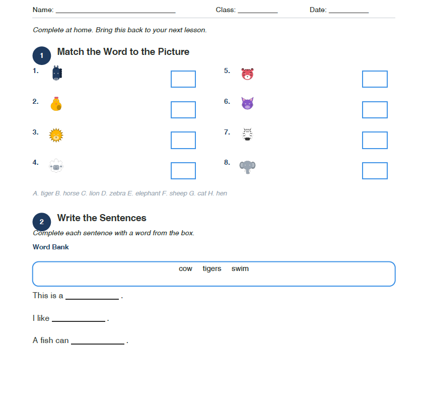 Grade 1 Animal Vocabulary Homework – Fun English Practice for Kids