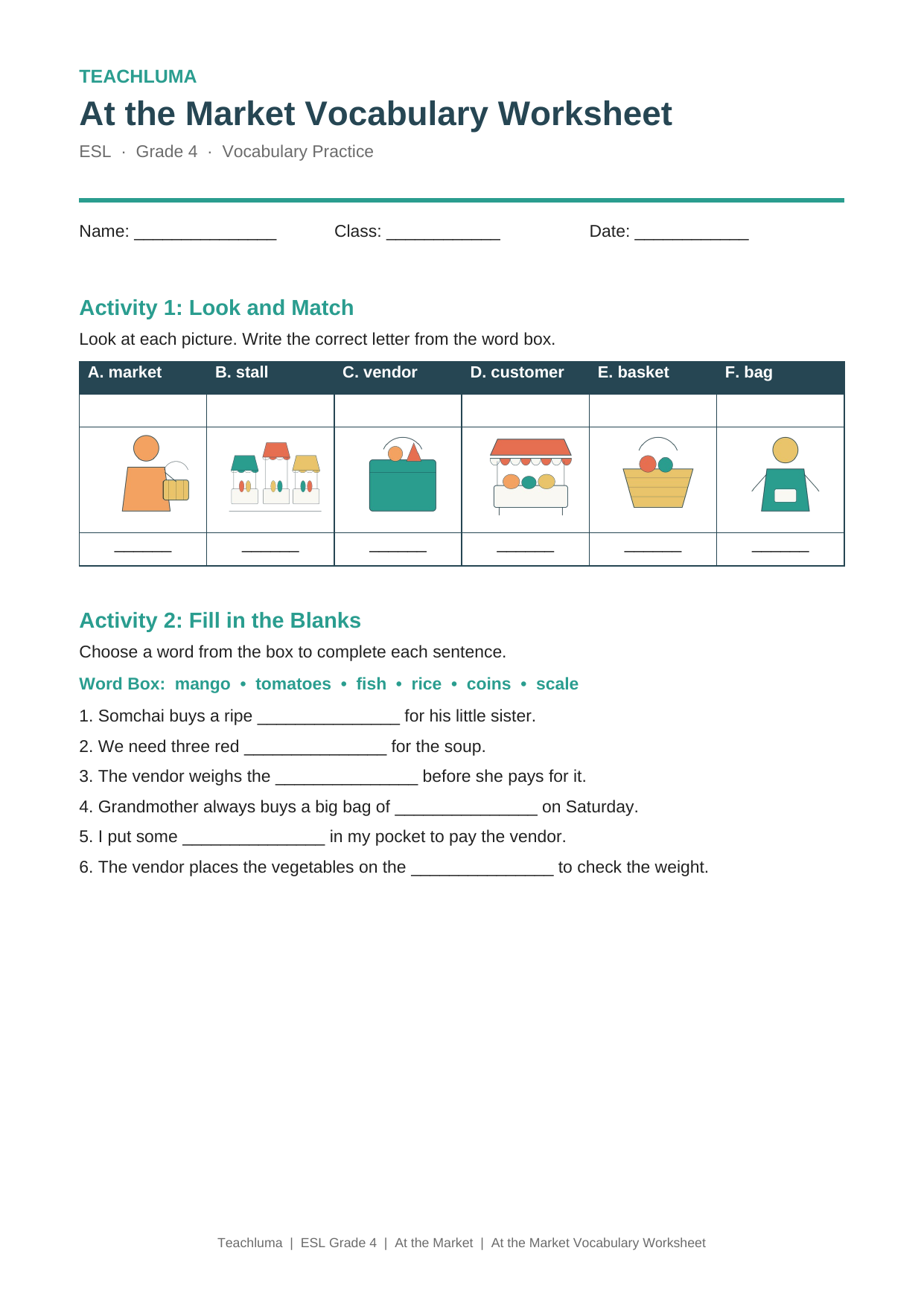 Grade 4 At the Market Vocabulary Worksheet