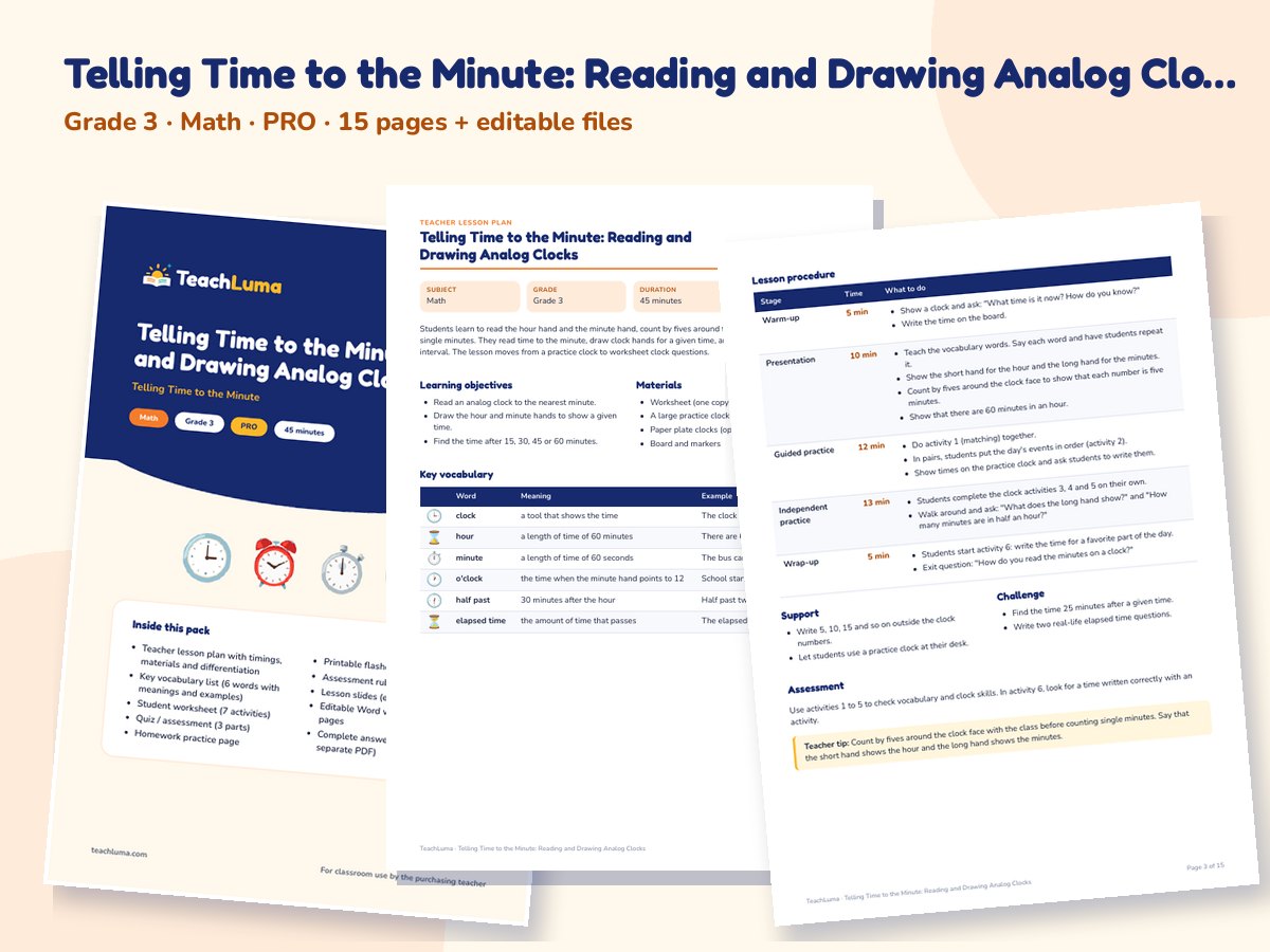 Preview of Telling Time to the Minute: Reading and Drawing Analog Clocks