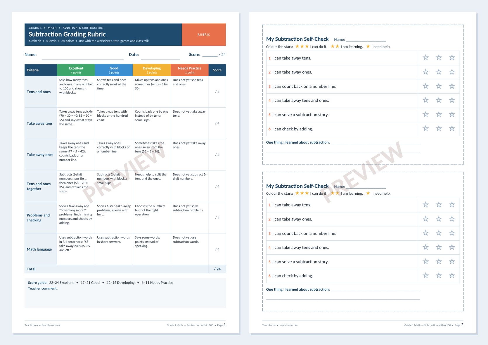 Preview of Grade 1 Math Grading Rubric: Subtraction within 100 + Student Self-Check