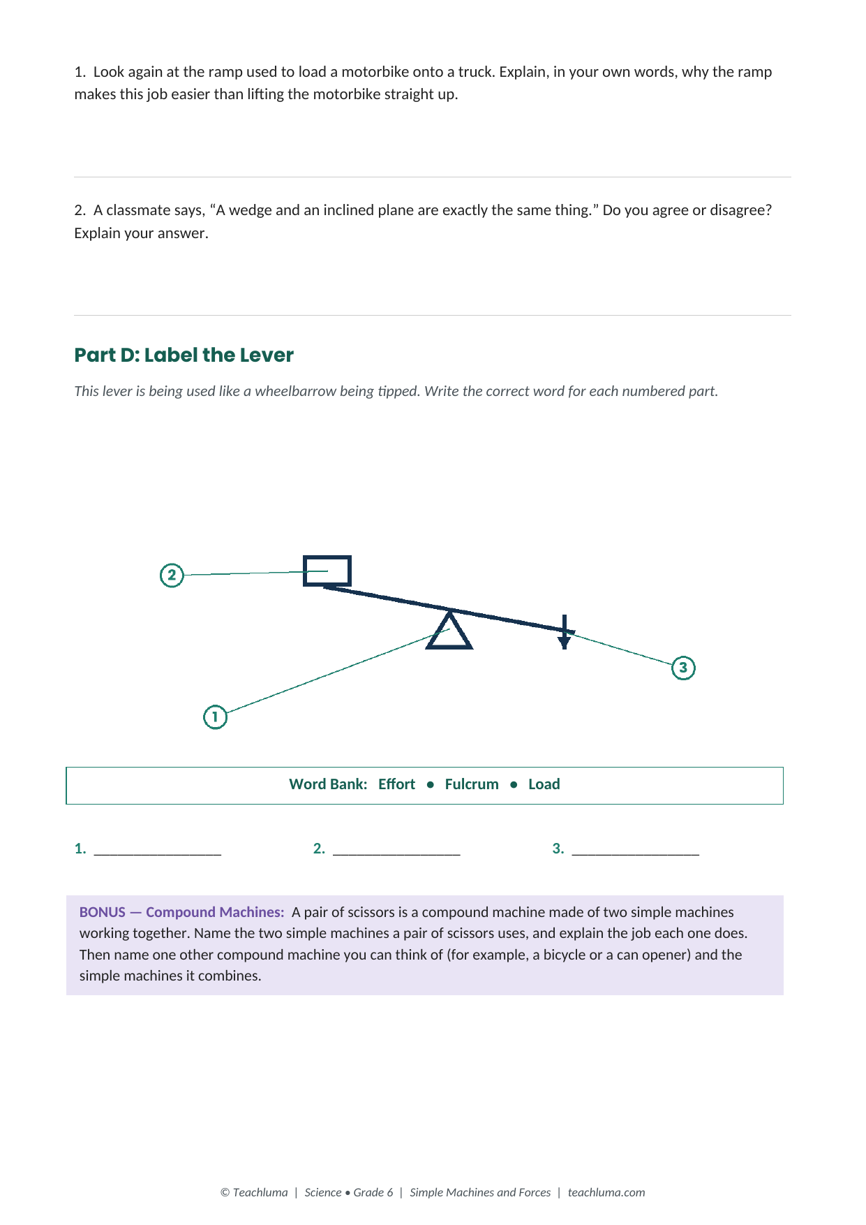 Grade 6 Six Simple Machines Classification Worksheet