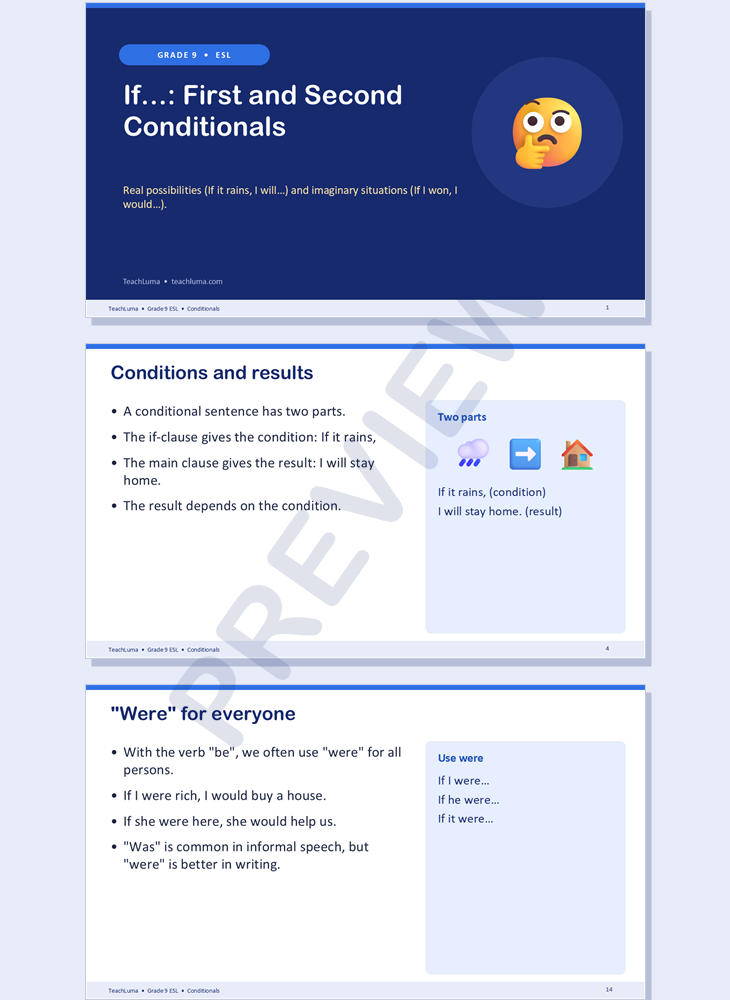Preview of Grade 9 ESL PowerPoint: First and Second Conditionals (28 Slides)